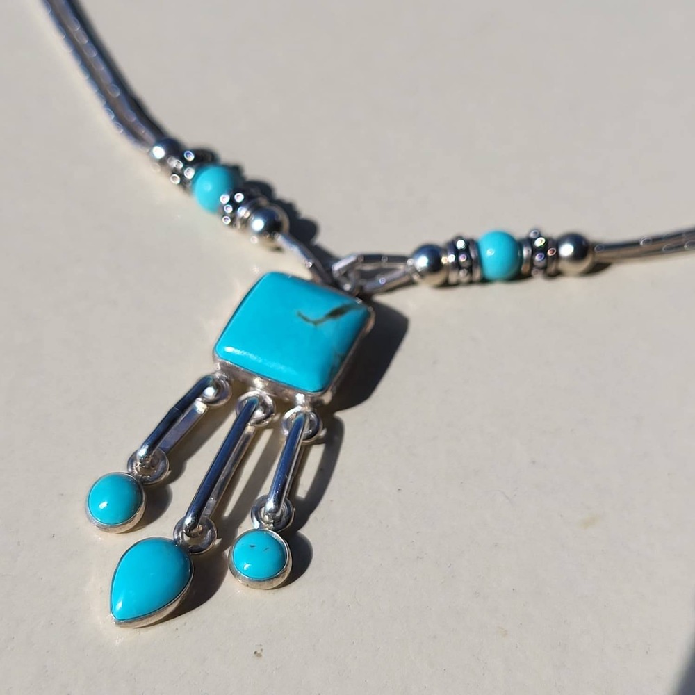 Vintage Q.T. 925 Sterling Silver Turquoise Liquid Silver Pendant Necklace - Picture 2 of 13